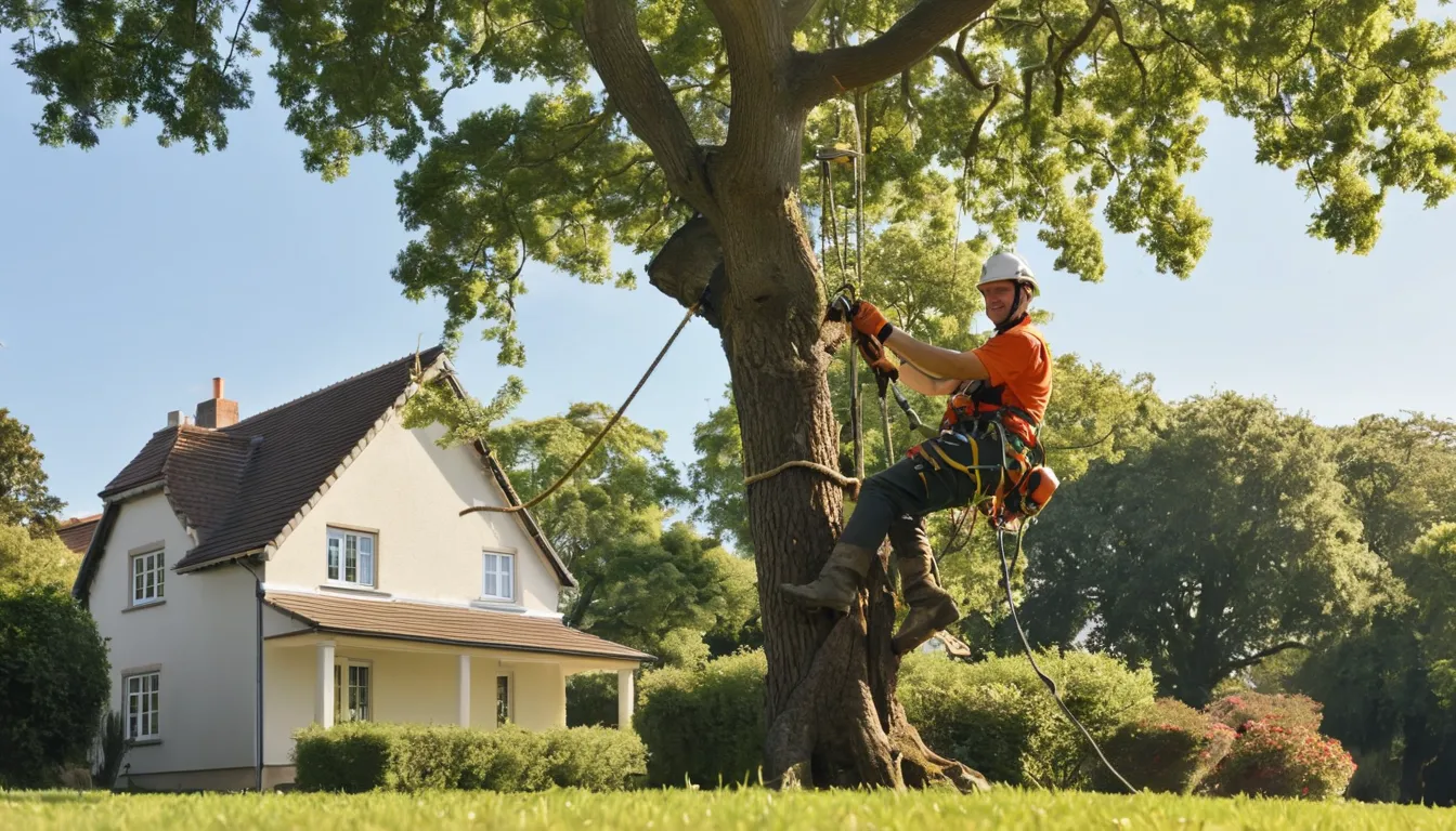 A tree removal provider cutting down a large tree beside a house in Dayton